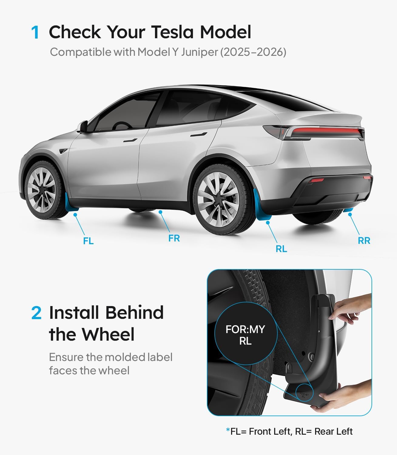 Tesla Model Y Juniper installation guide with car diagram and step-by-step instructions.
