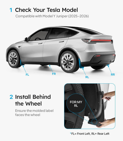 Tesla Model Y Juniper installation guide with car diagram and step-by-step instructions.