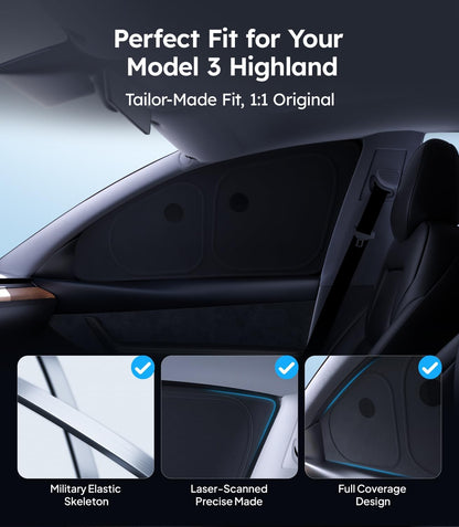 Car interior with text indicating a perfect fit for Model 3 Highland, featuring details on material and design.