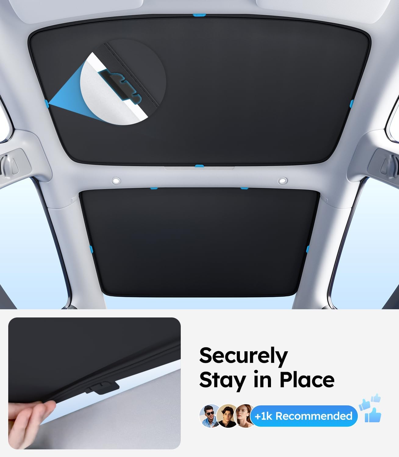 Car sunshade installed on a vehicle's ceiling with text 'Securely Stay in Place'.