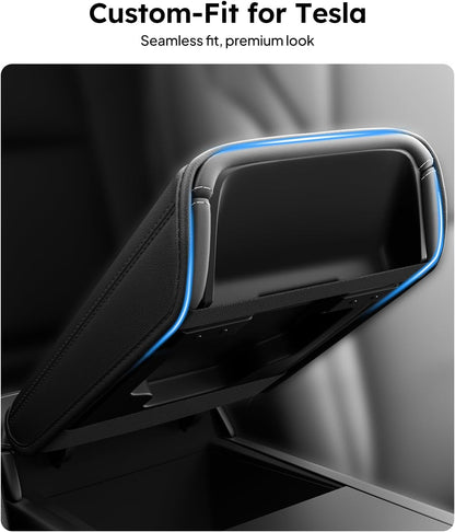 Car side mirror cover with 'Custom-Fit for Tesla' text on a blurred background