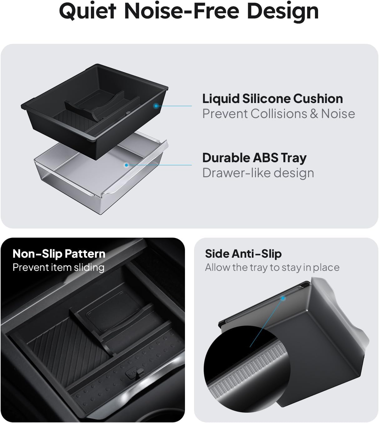 Car console tray with features highlighted on a gray background
