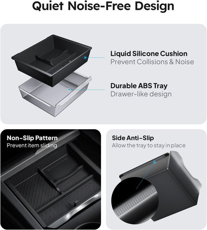 Car console tray with features highlighted on a gray background