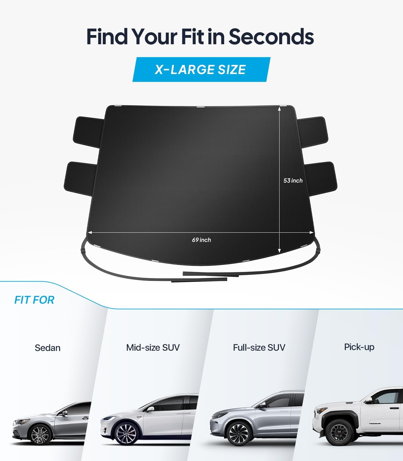 Car sunshade with size measurement and compatibility for different vehicle types on a white background.