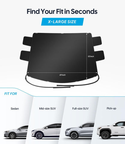 Car sunshade with size measurement and compatibility for different vehicle types on a white background.