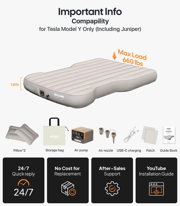 Inflatable mattress with compatibility information for Tesla Model Y, including max load and features.