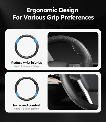 Ergonomic steering wheel cover with text on wrist injury reduction and comfort increase.