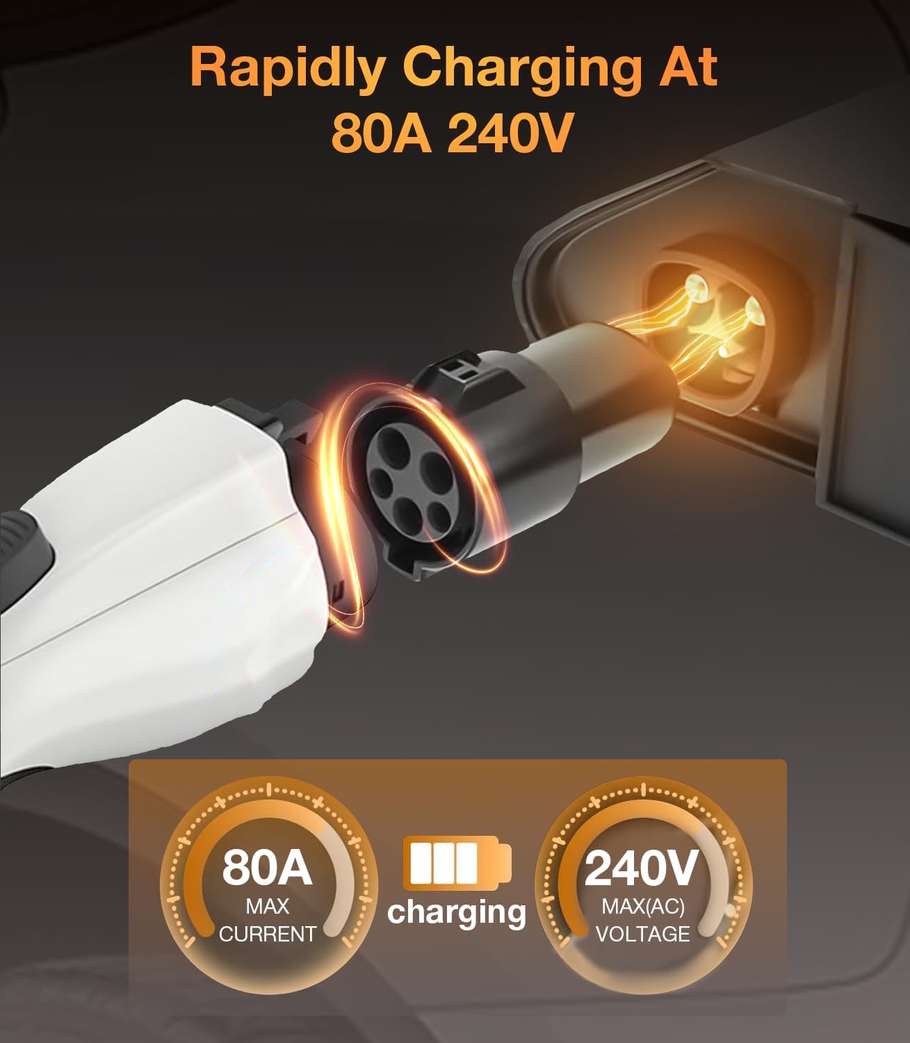 Electric vehicle charging cable plugged into a socket with text indicating charging speed and voltage.