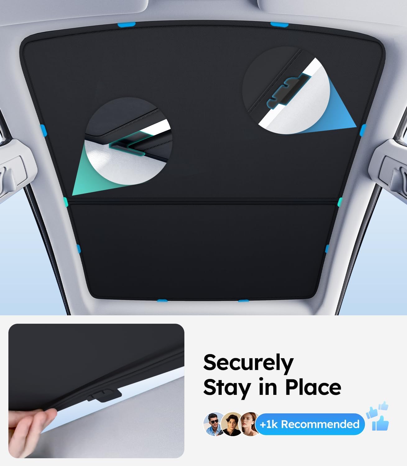 Car sunshade securely attached to car's sunroof with text 'Securely Stay in Place'.