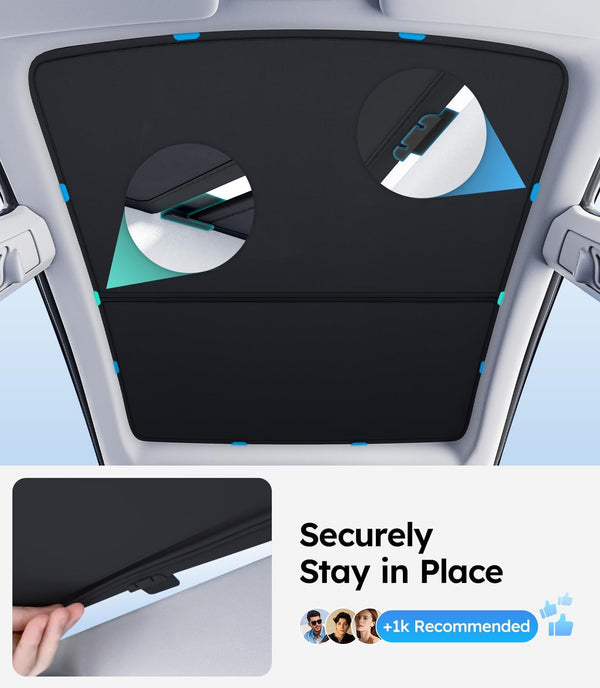 Car sunshade securely attached to car's sunroof with text 'Securely Stay in Place'.