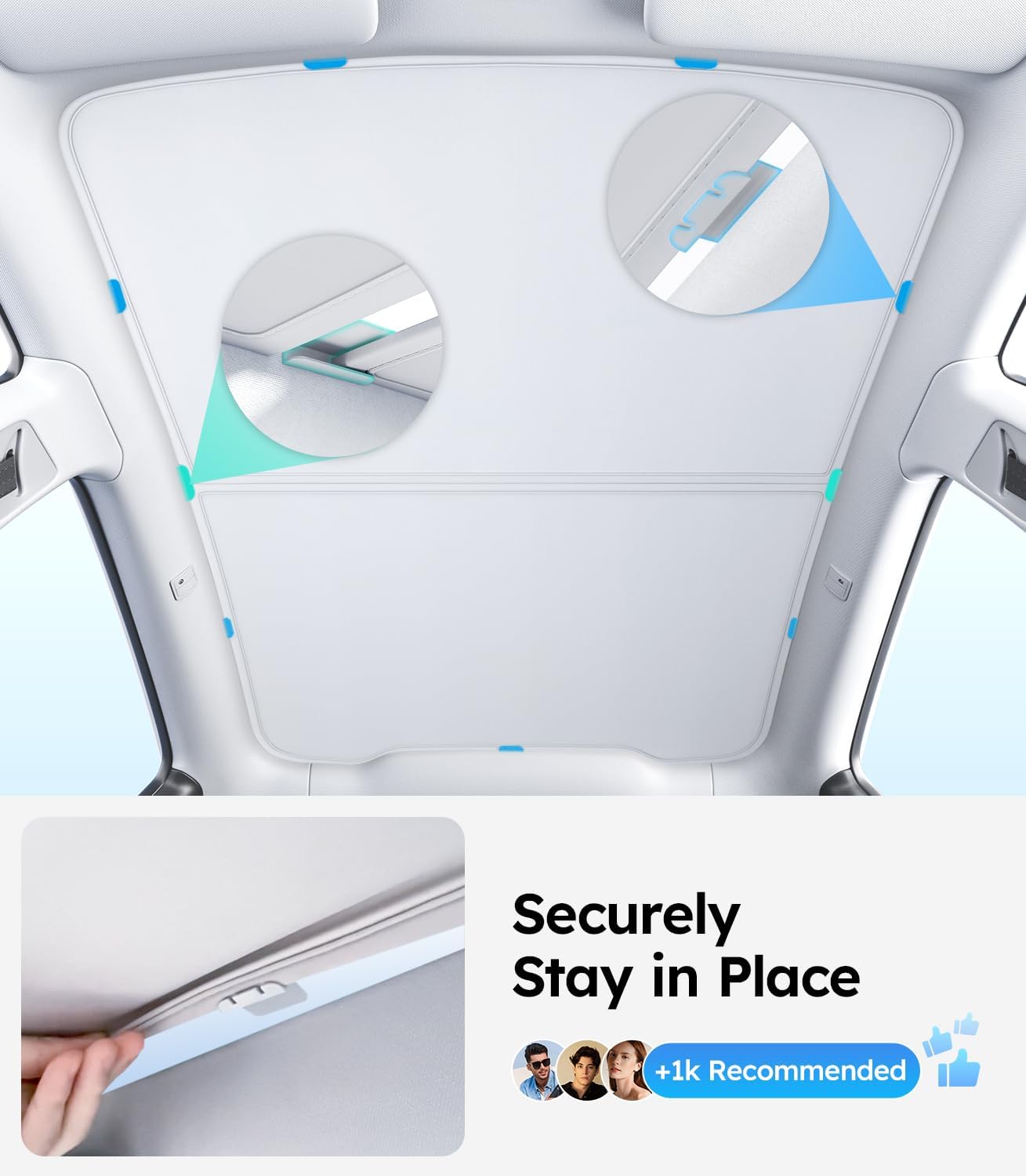 Car sun visor with a reflective surface and text 'Securely Stay in Place' on a light blue background.