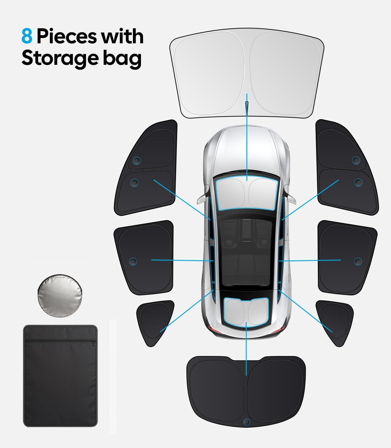 Car sunshade set with 8 pieces and a storage bag on a white background
