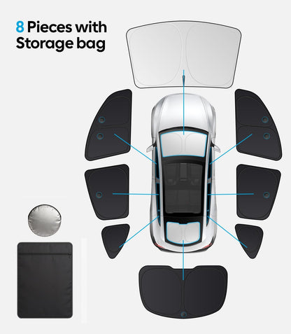 Car sunshade set with 8 pieces and a storage bag on a white background