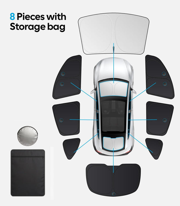 Car sunshade set with 8 pieces and a storage bag on a white background