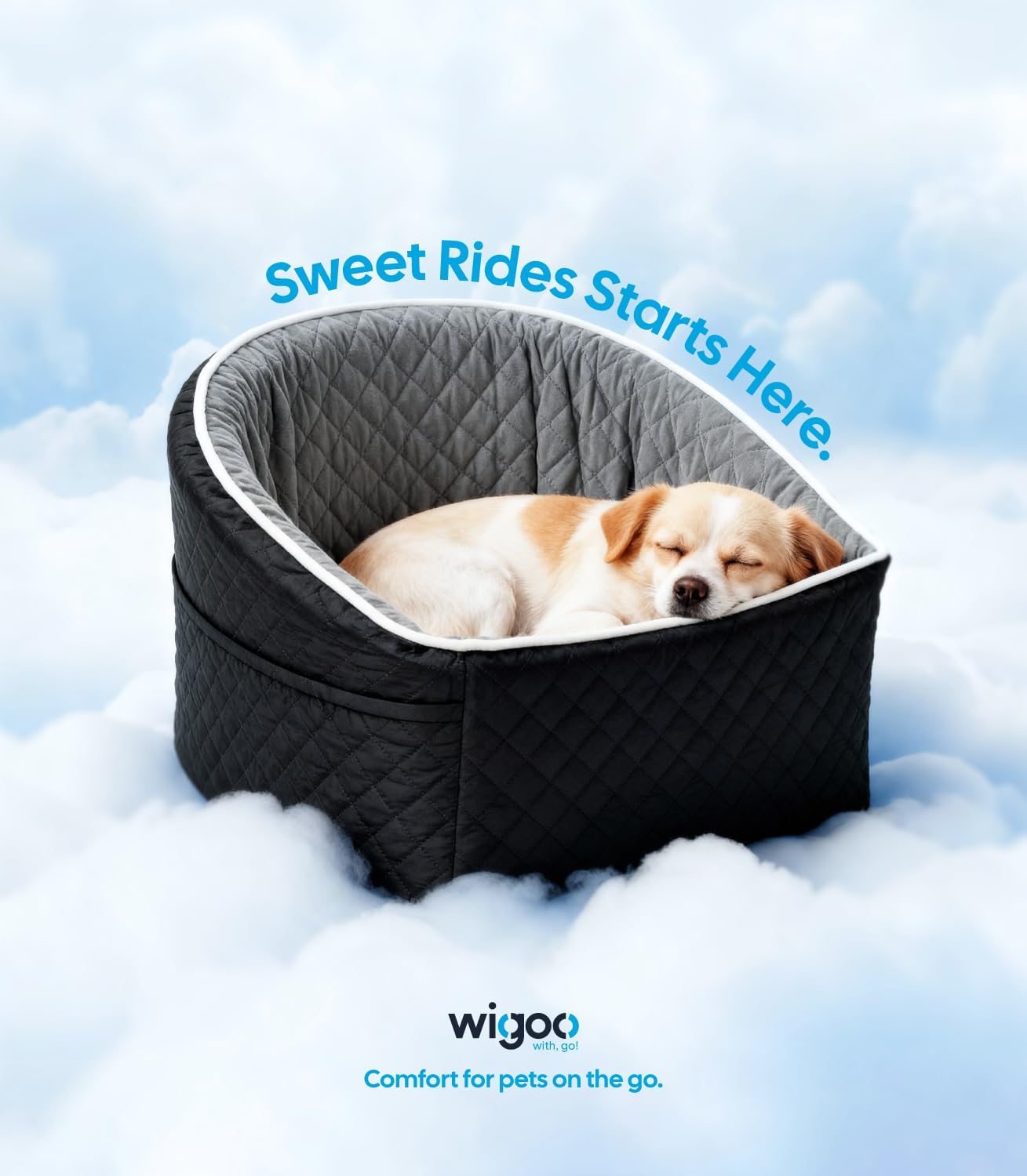 Dog lying in a black pet carrier with fluffy clouds and blue sky in the background, featuring the Wigoo brand.