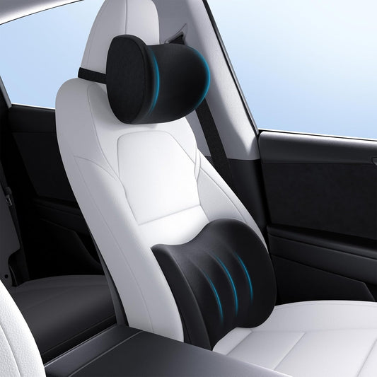 Car seat with black neck pillow and back support device on a white interior background