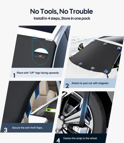 Step-by-step installation guide for a car security device with text 'No Tools, No Trouble'.
