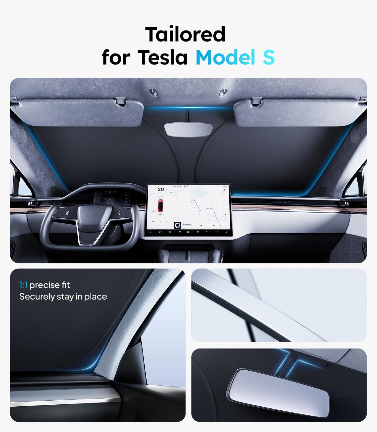 Car sunshade for Tesla Model S with text 'Tailored for Tesla Model S' and features listed.