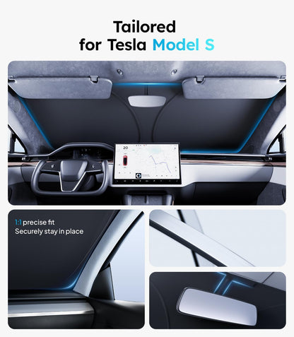 Car sunshade for Tesla Model S with text 'Tailored for Tesla Model S' and features listed.