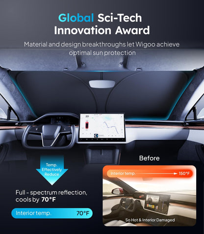 Car interior with sun protection feature and award text