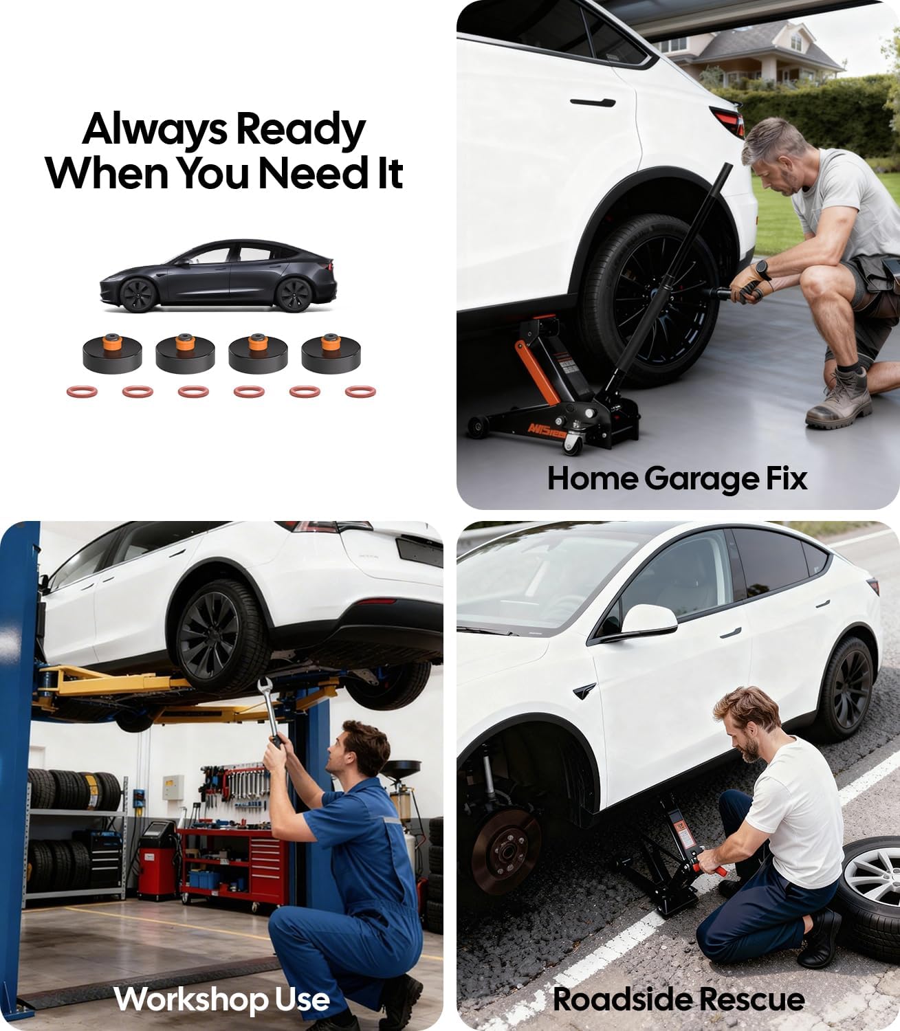 Collage of a car tire changing process with text indicating different uses.