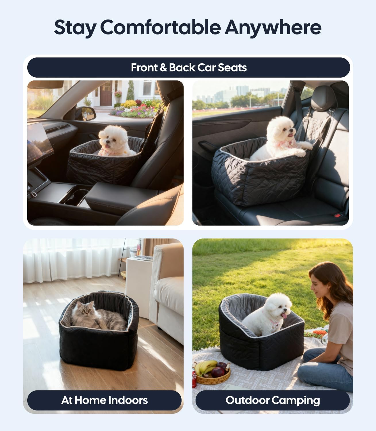Dog car seat in various settings including a car, home, and outdoor camping.