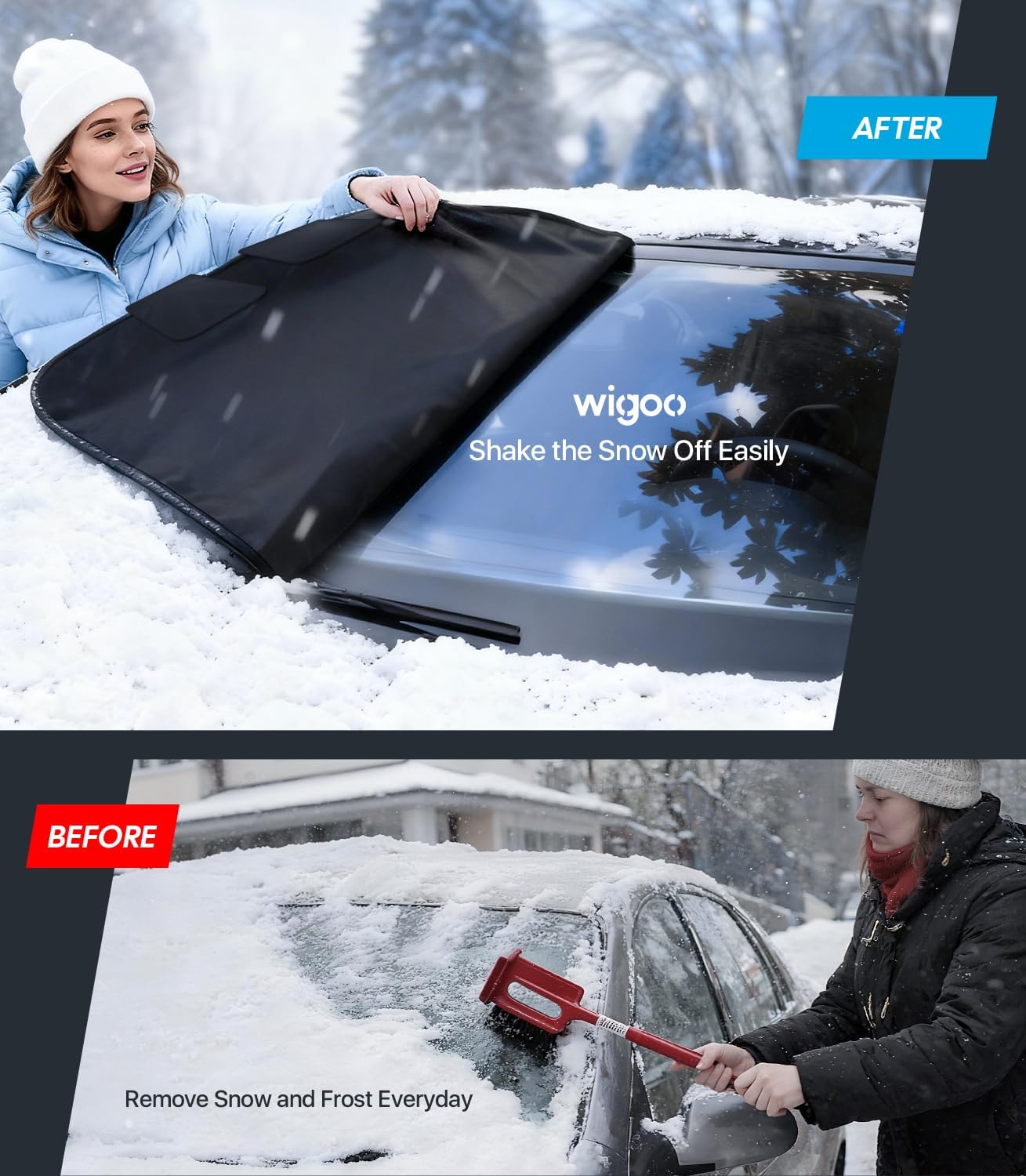 Before and after comparison of using a wigoa snow removal product on a car.