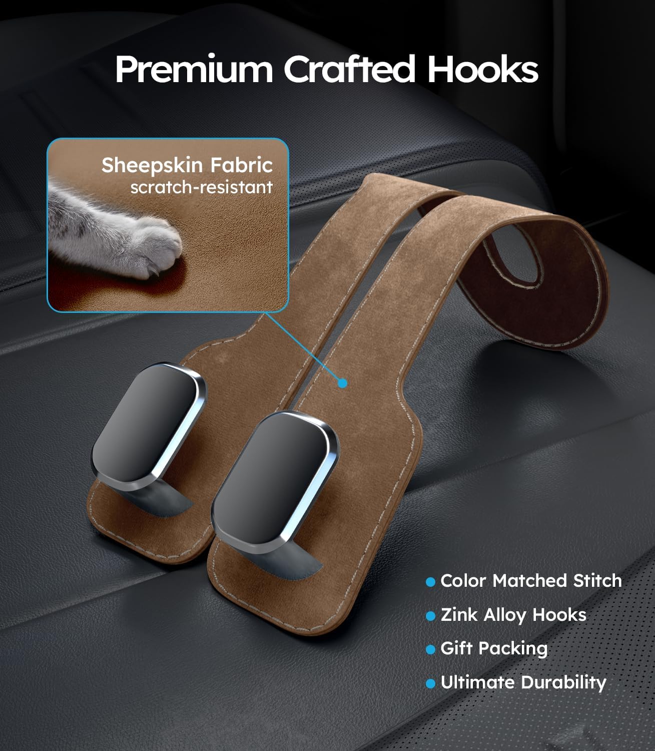 Brown leather car hook with sheepskin fabric and metal hooks on a dark surface