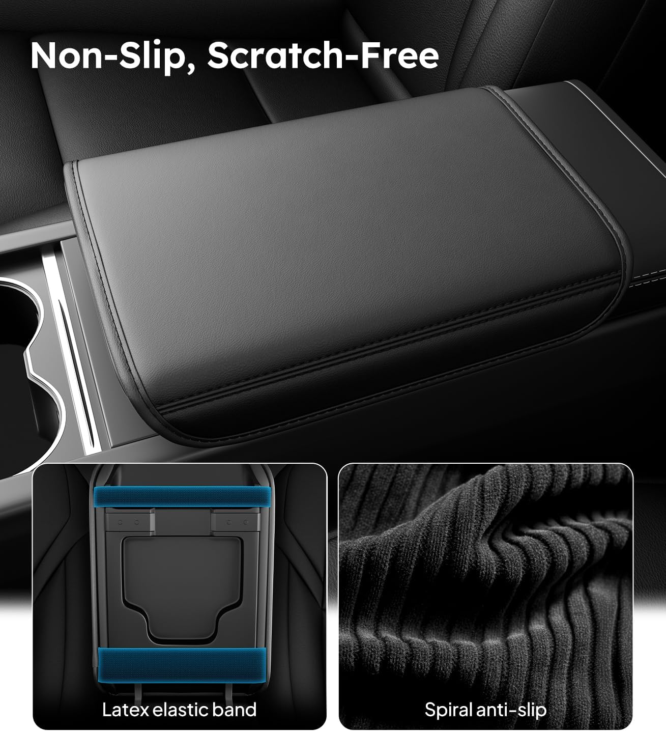 Car armrest cover with non-slip and scratch-free features, showing a close-up of the material and a latex elastic band.