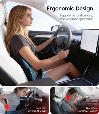 Woman driving a car with ergonomic seat support, highlighting comfort and health benefits.