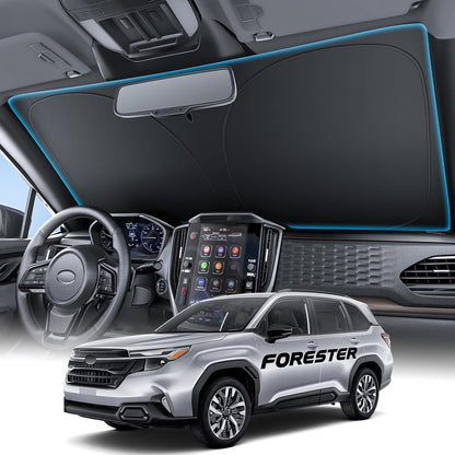 Car interior with dashboard, steering wheel, and car exterior labeled 'Forester'.