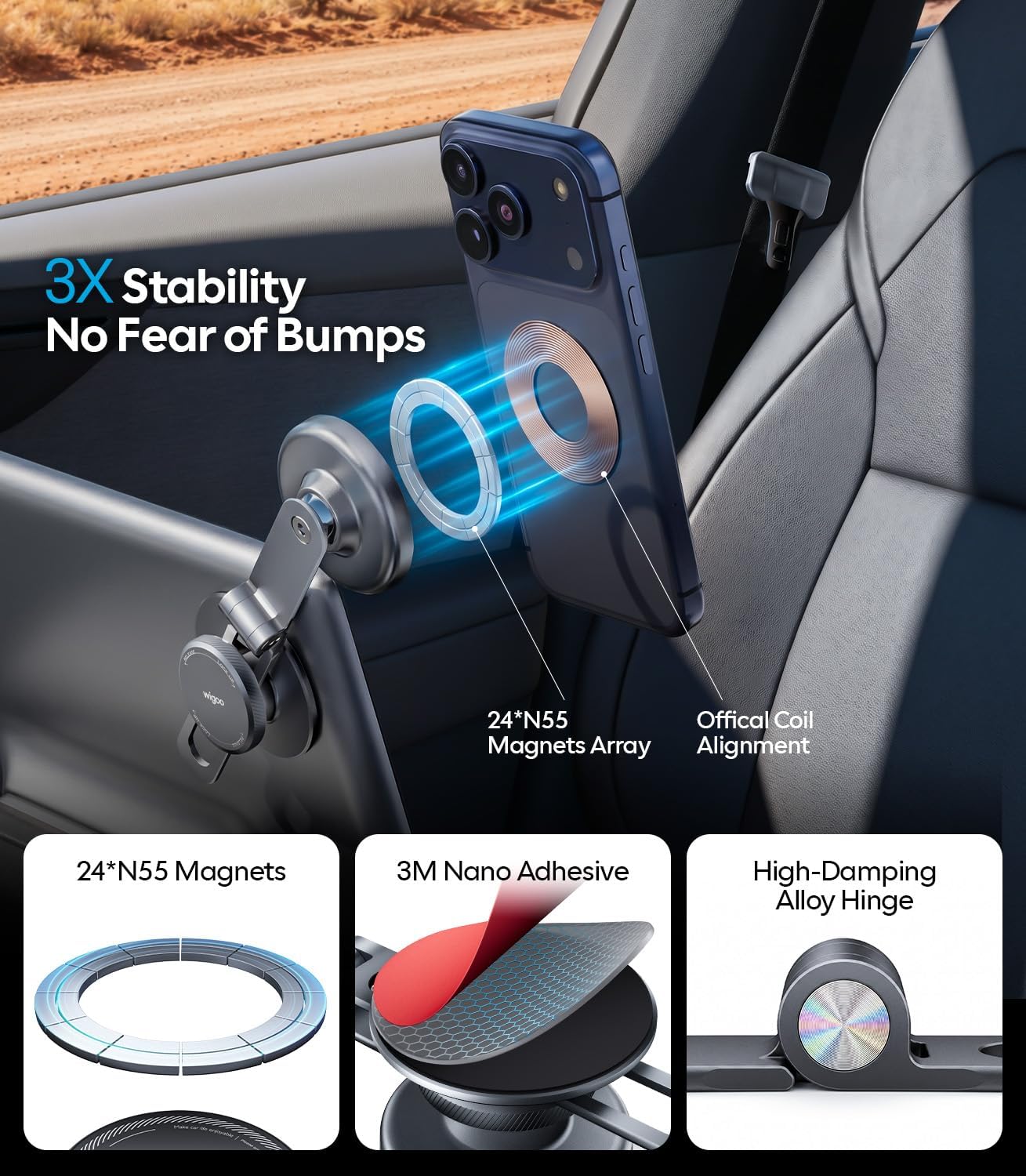 for Tesla Model 3/Y/YL/X/S Phone Mount, OEM-Style, Strongest Magnet | 360° Rotation Foldable Hidden Phone Holder, for Magsafe iPhone 17-12 Series, Tesla Model Y Model 3 Accessories WIGOO