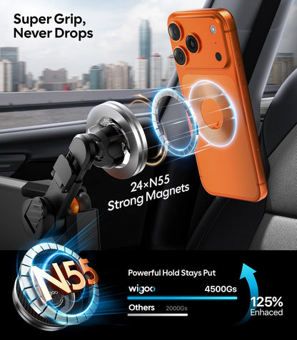 Wigoo Magnetic Phone Mount for Tesla Model 3 Model Y Accessories【Strongest Magnet & No Blocking View】 Screen Side Magnetic Phone Holder for Magsafe iPhone 17-12 & Android - Extendable Arm (No Glue) WIGOO