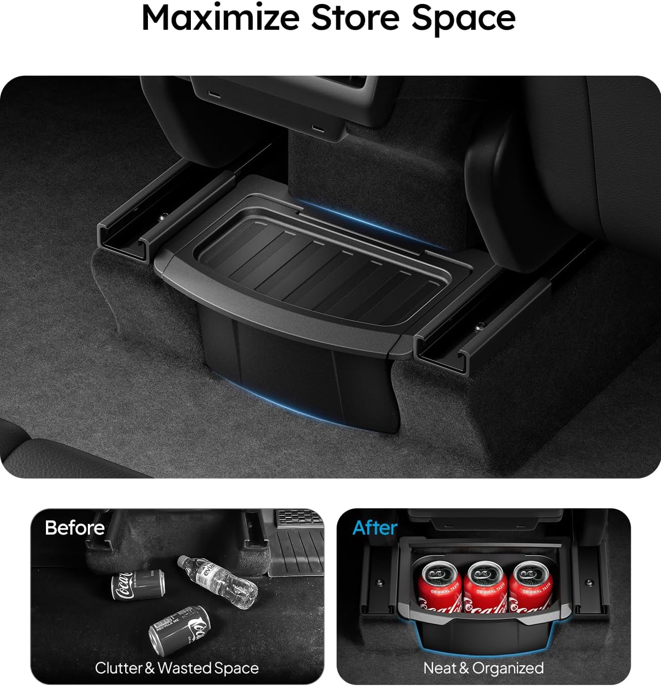 Car storage tray maximizing space with before and after comparisons.