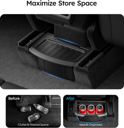 Car storage tray maximizing space with before and after comparisons.