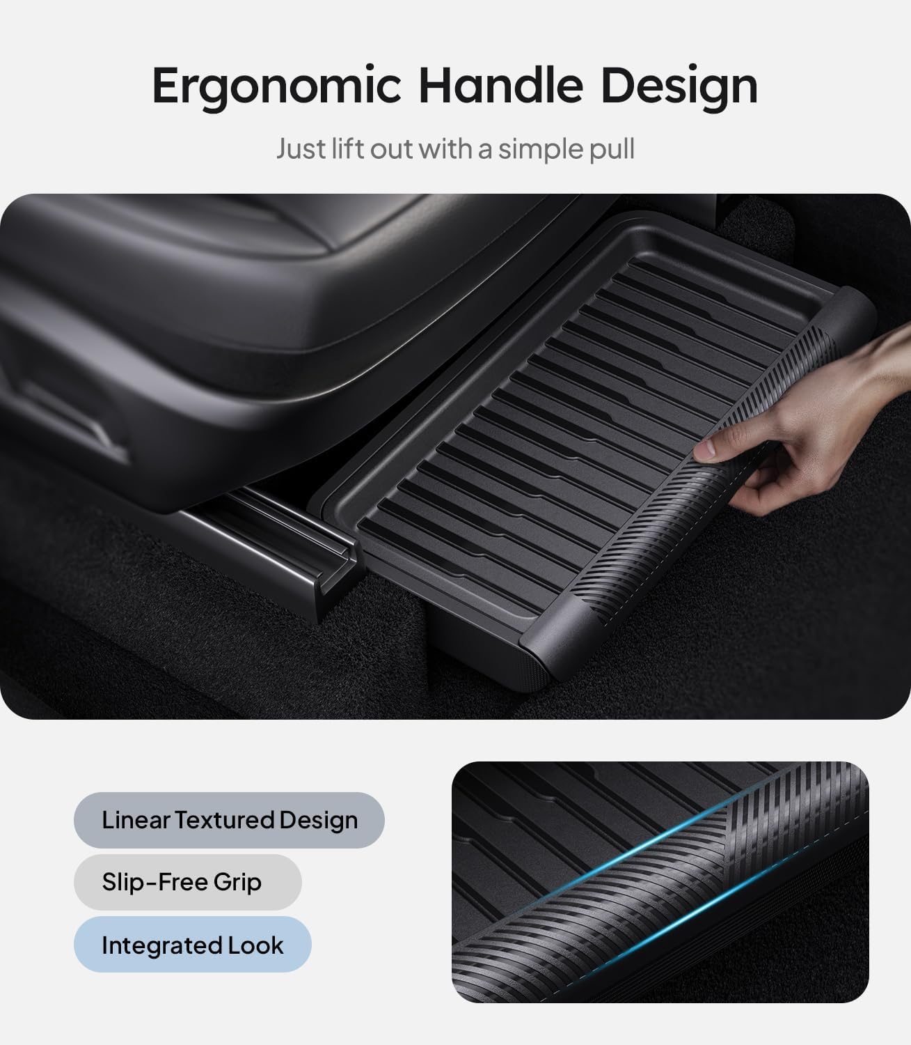 Ergonomic handle design for a car seat with text highlighting features.