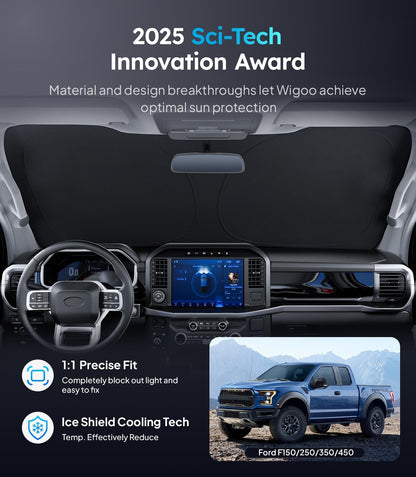 Car dashboard with a sunshade and text about 2025 Sci-Tech Innovation Award for Wigoo product.