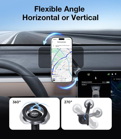 Car dashboard with phone holder displaying flexibility and compatibility, with a road in the background.