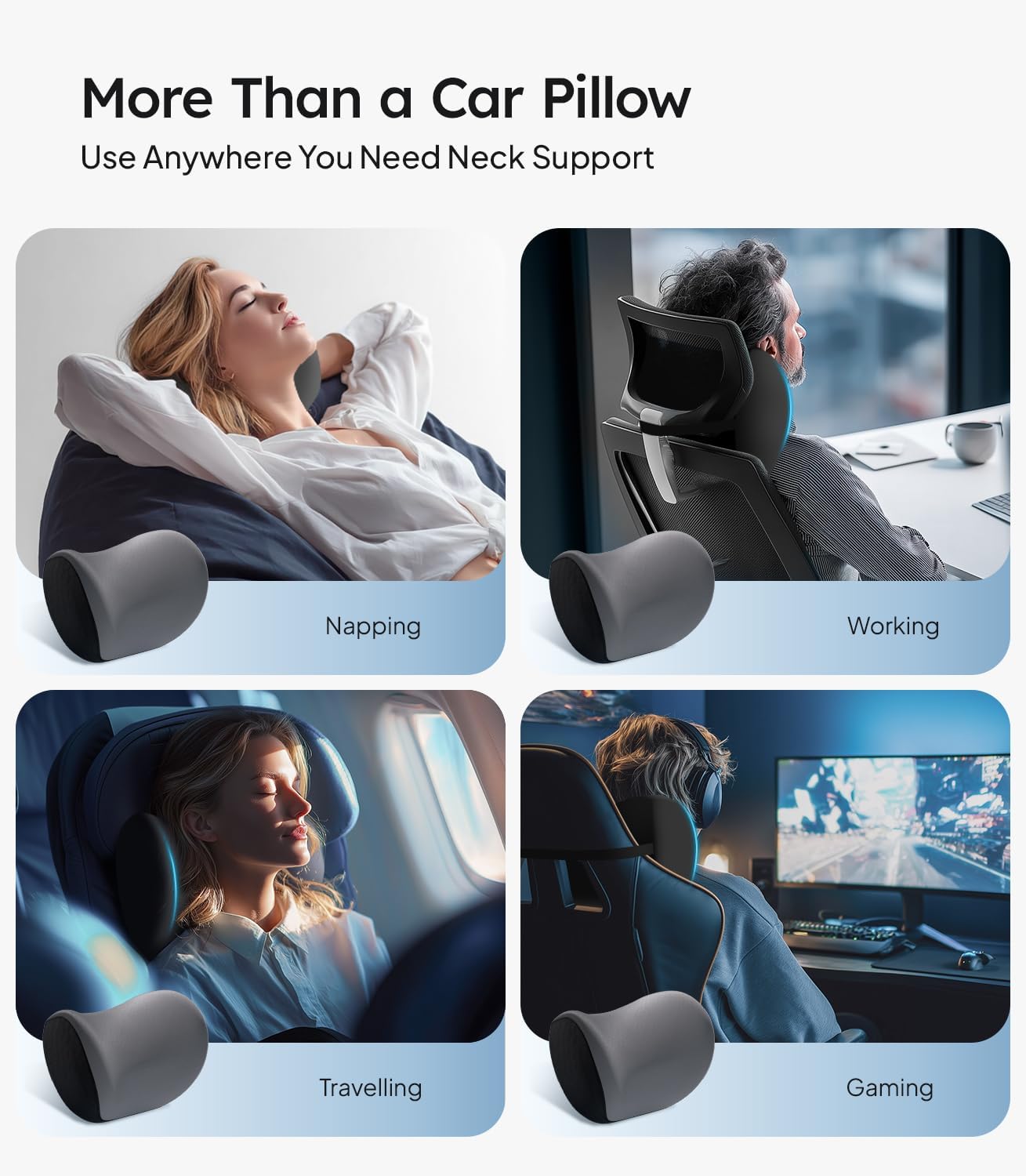 Car neck pillow used for napping, working, travelling, and gaming.