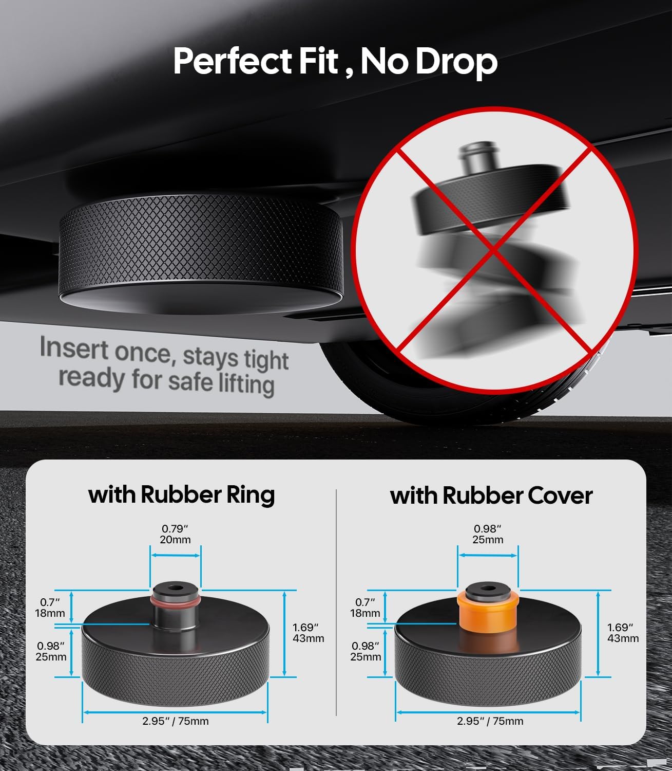 Product showing a perfect fit and no drop feature with measurements and illustrations.
