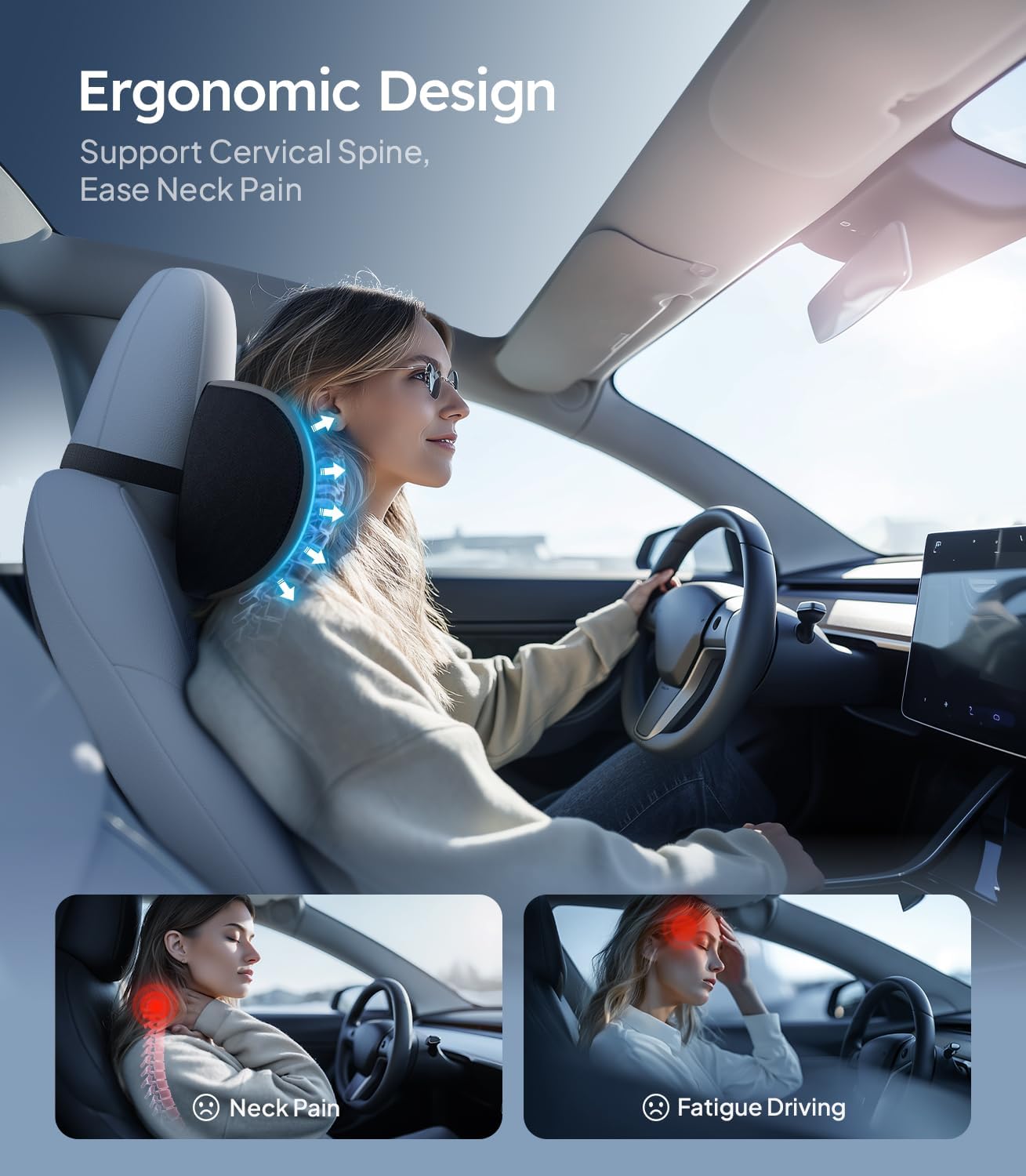 Woman using a car neck pillow with ergonomic design features, shown in a car interior.