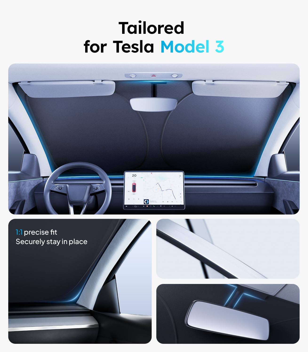 Car interior with a sunshade and dashboard display, tailored for Tesla Model 3.