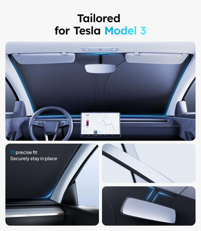 Car interior with a sunshade and dashboard display, tailored for Tesla Model 3.