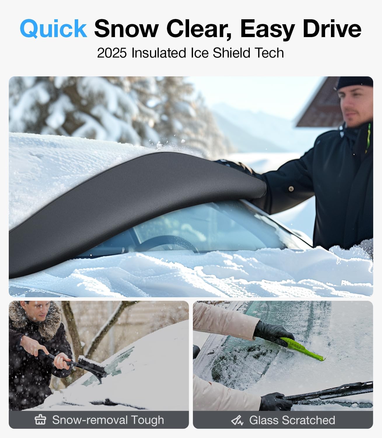 Person using a snow removal tool on a car with text about 2025 Insulated Ice Shield Tech.