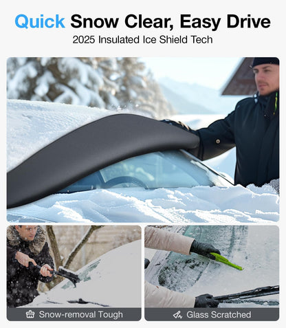 Person using a snow removal tool on a car with text about 2025 Insulated Ice Shield Tech.