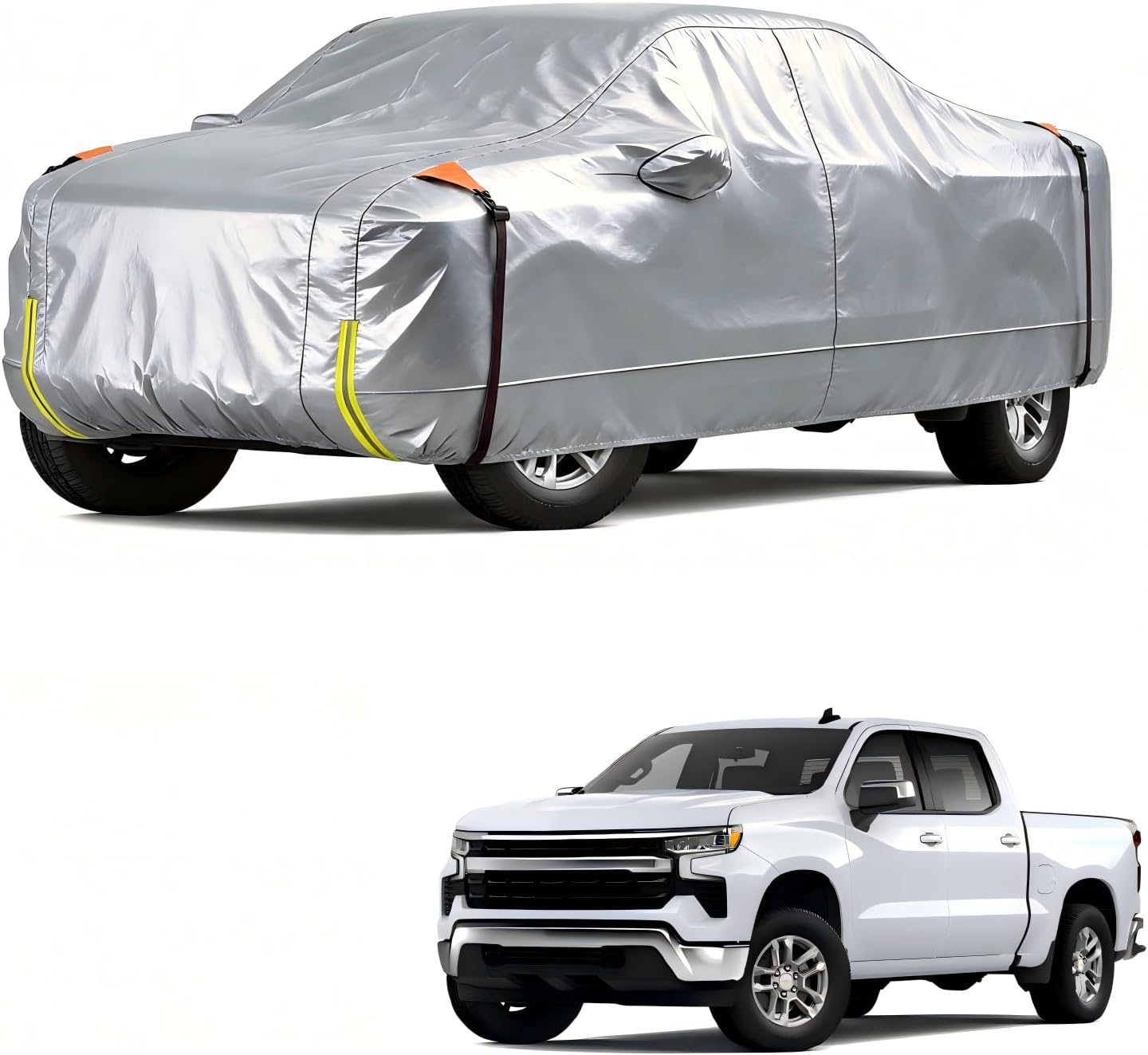 Car cover on a car and a white truck on a white background