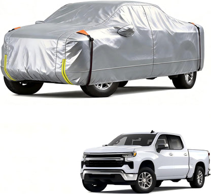 Car cover on a car and a white truck on a white background