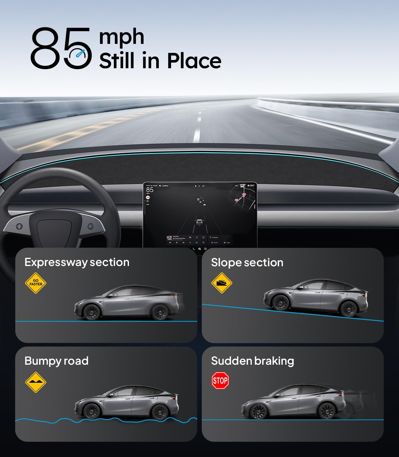 Car dashboard with navigation display showing different driving scenarios.