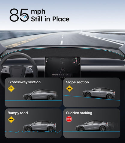 Car dashboard with navigation display showing different driving scenarios.
