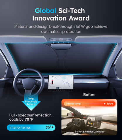 Car interior with sun protection feature, highlighting global sci-tech innovation award.